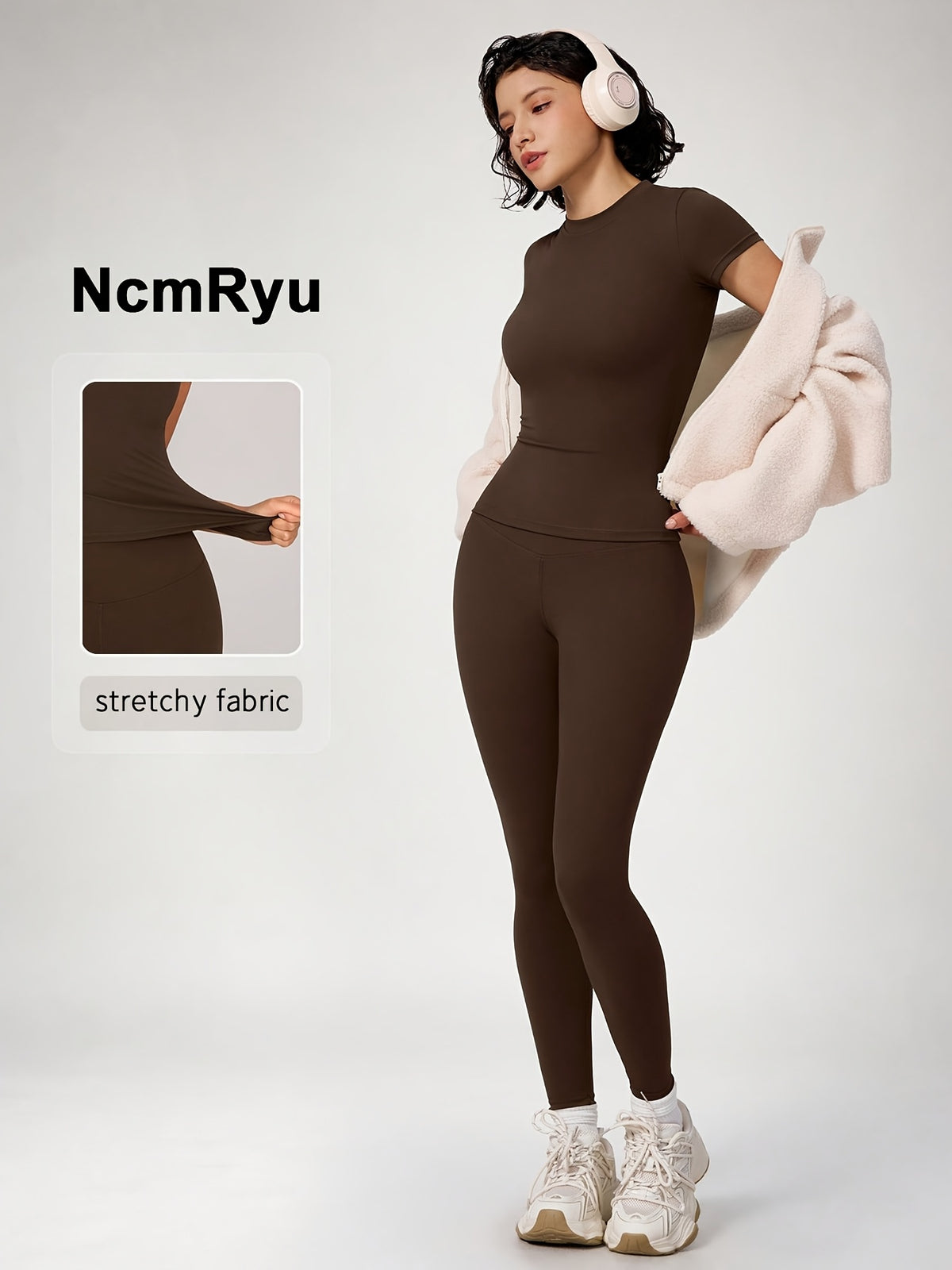 Crew Neck Crop Tee & Leggings Set - Espresso