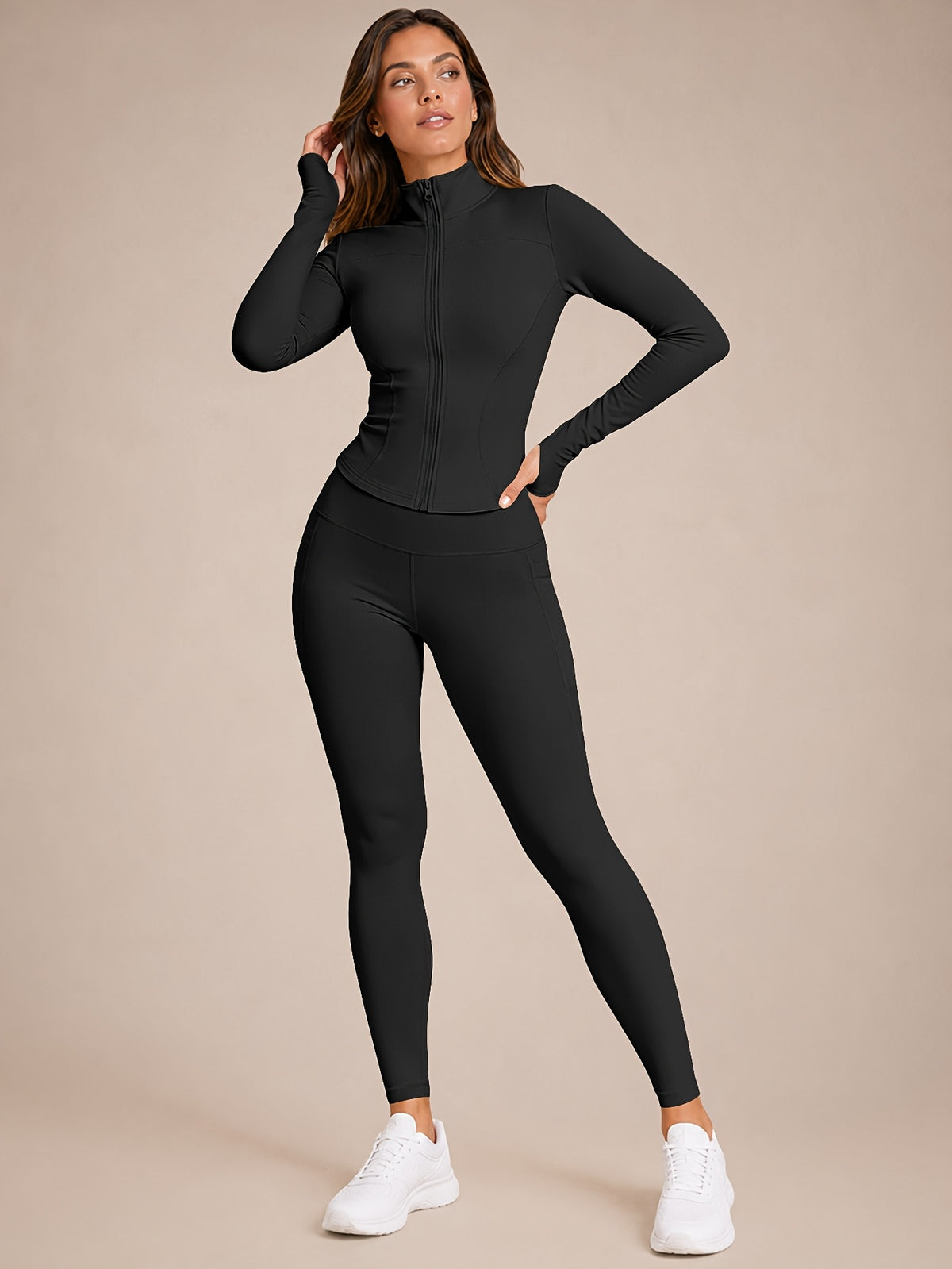 Stand Collar Jacket & Leggings Set - Black