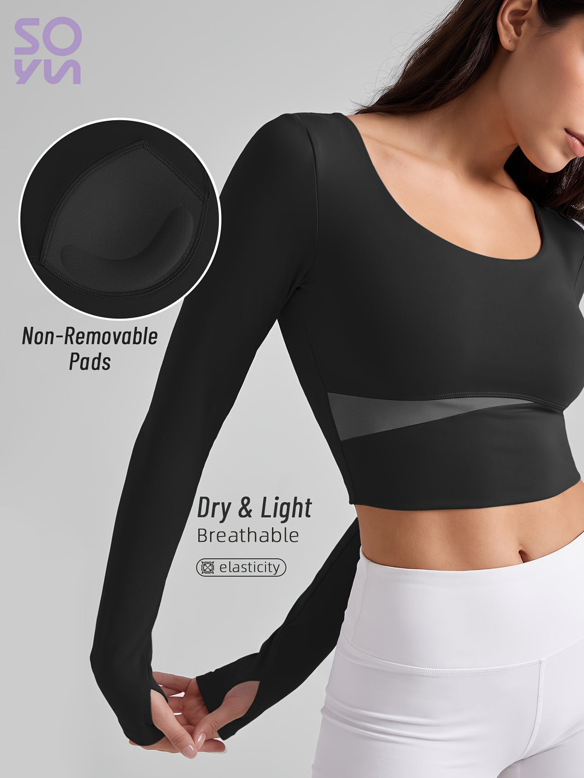 Color Block Padded Long Sleeve Top - Black