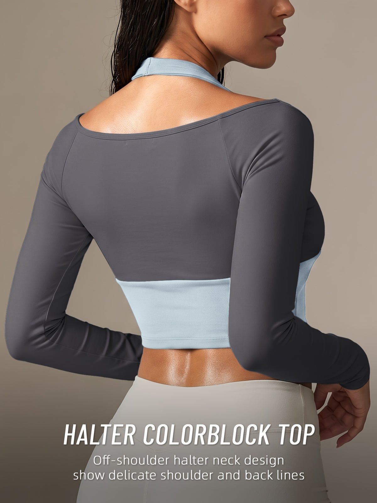 Faux Two-Piece Halter Color Block Top - Grey