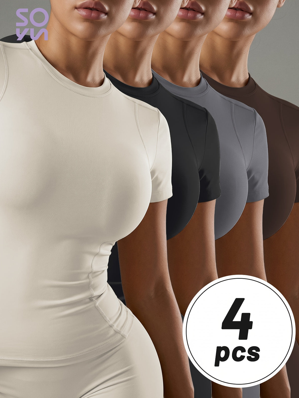 4 Pack Round Neck Slim Fit Tees - Black, Ivory White, Coffee & Gray