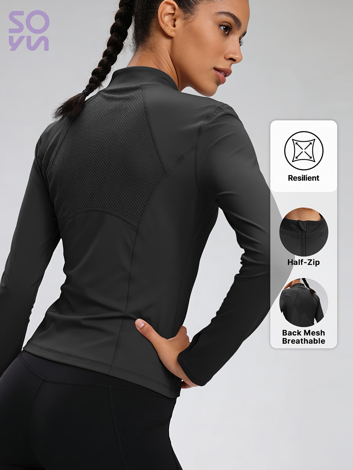Mesh Cutout Back Half Zip Top - Black