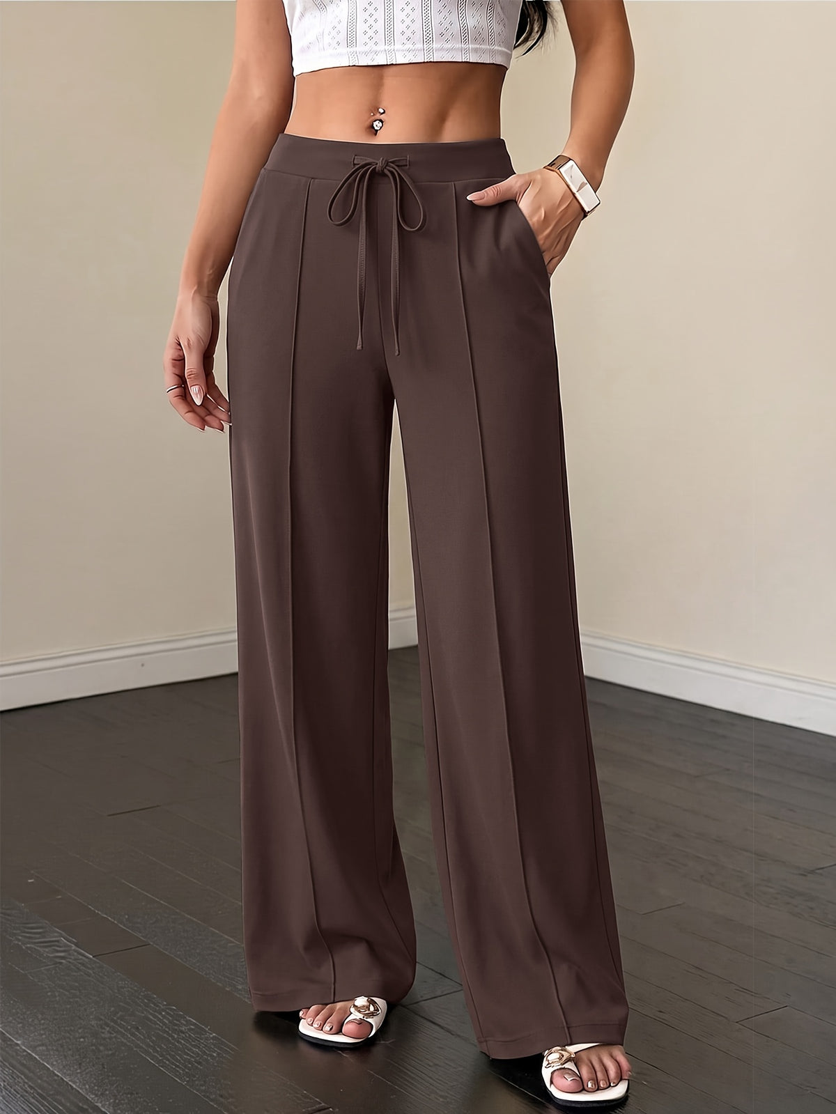 Drawstring Flowy Wide Leg Pants - Coffee