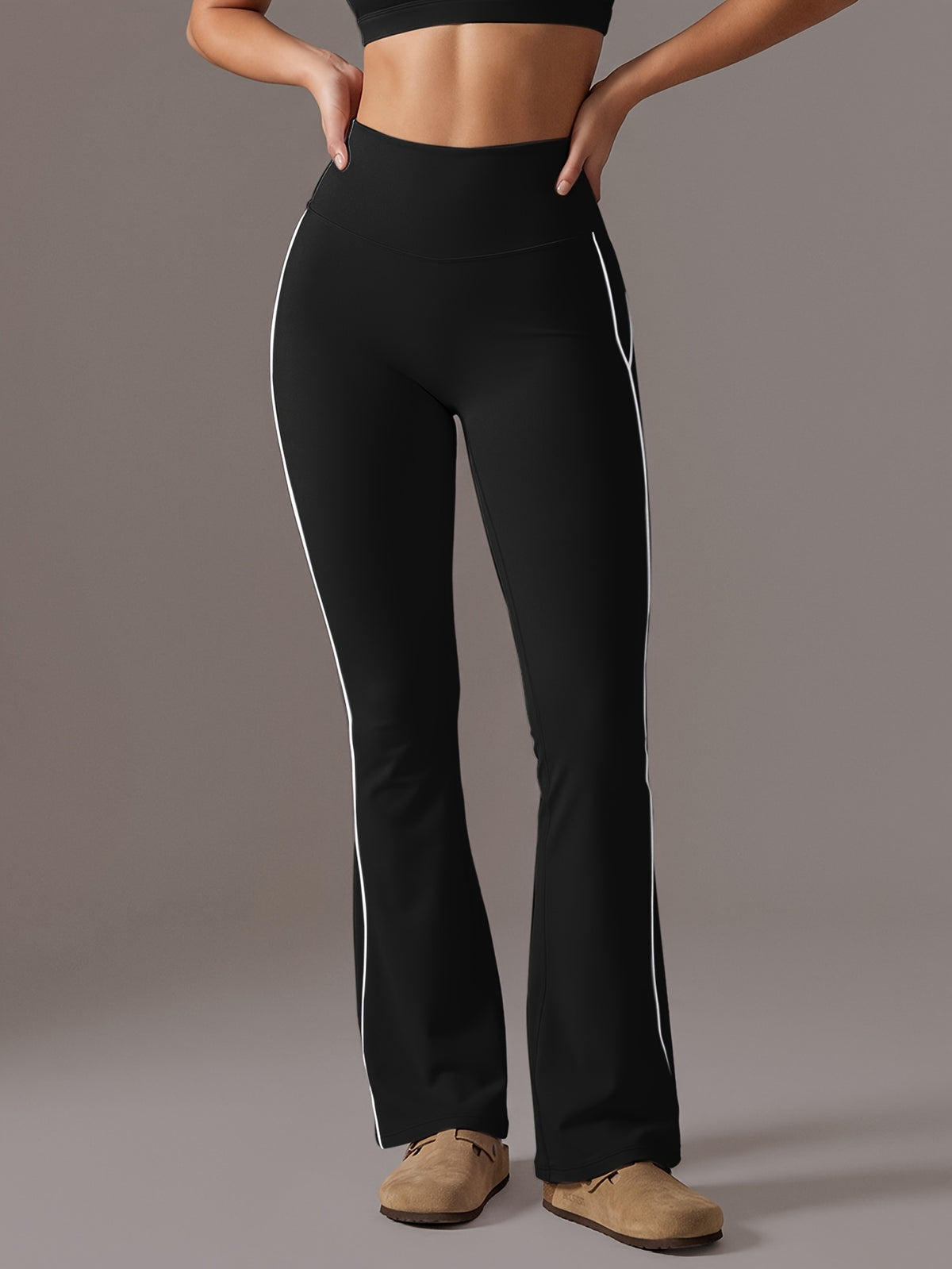 Contrast Line High Waist Flare Pants - As Shown