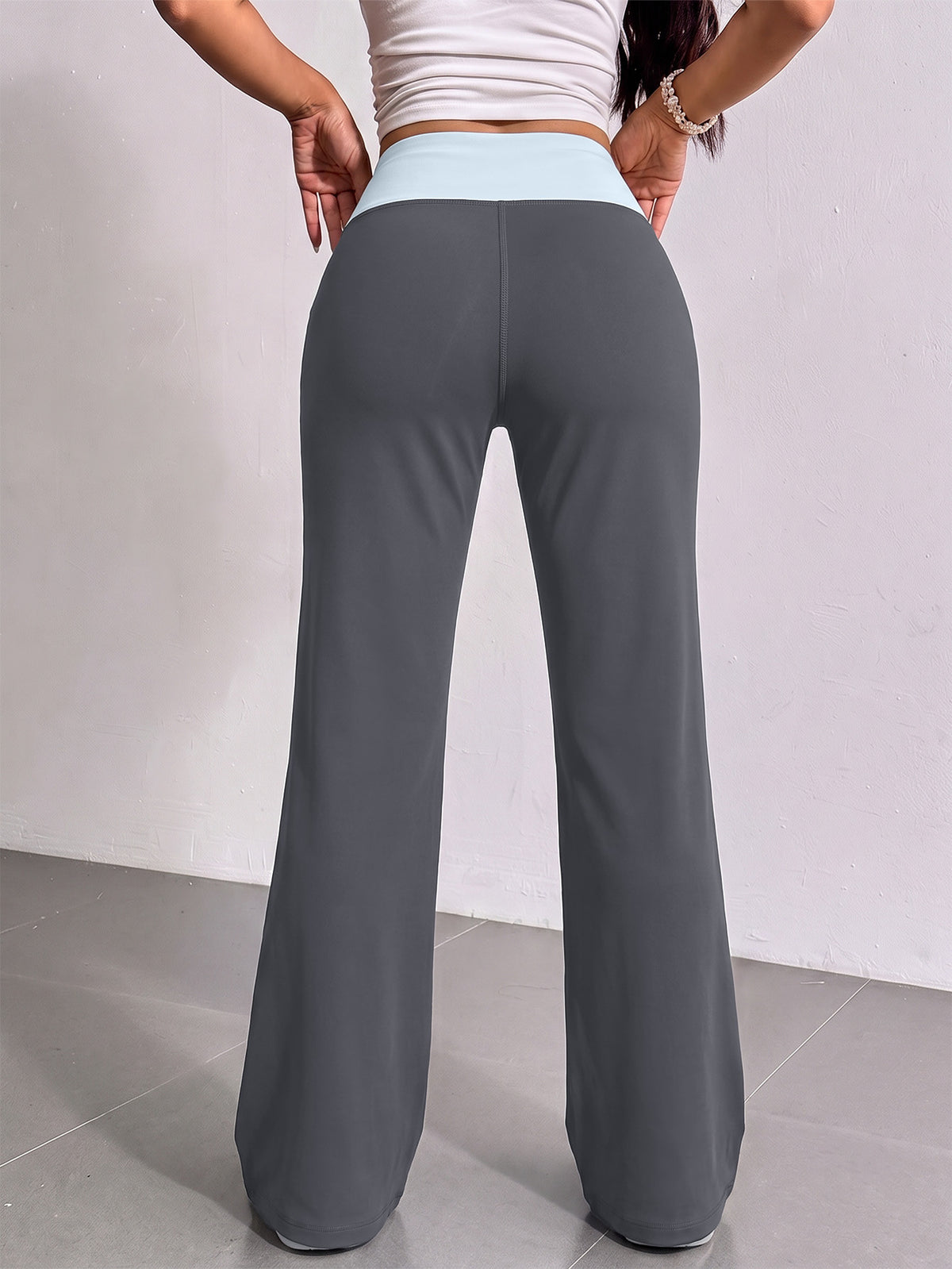Contrast Waist Drawstring Straight Yoga Pants - Grey