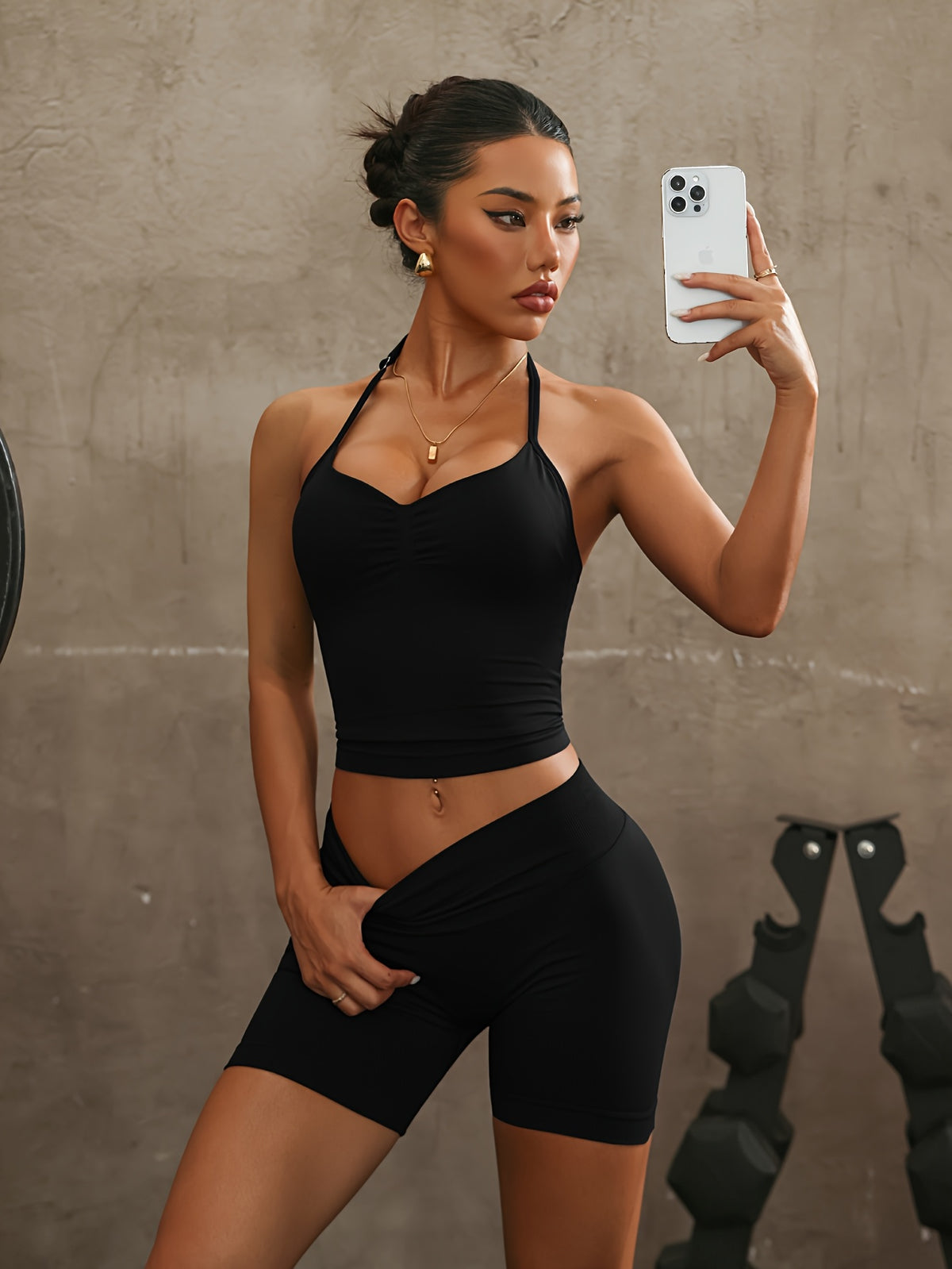 Halter Open Back Vest & Shorts Set - Black
