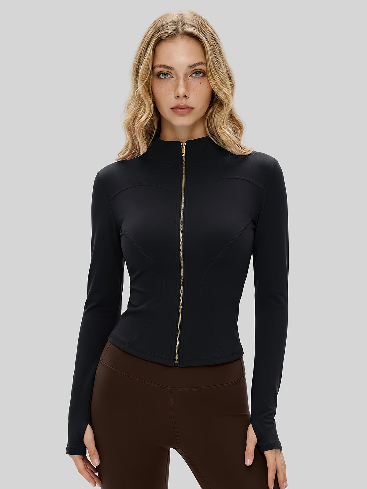 Cropped Thumbhole Zip Jacket - Black