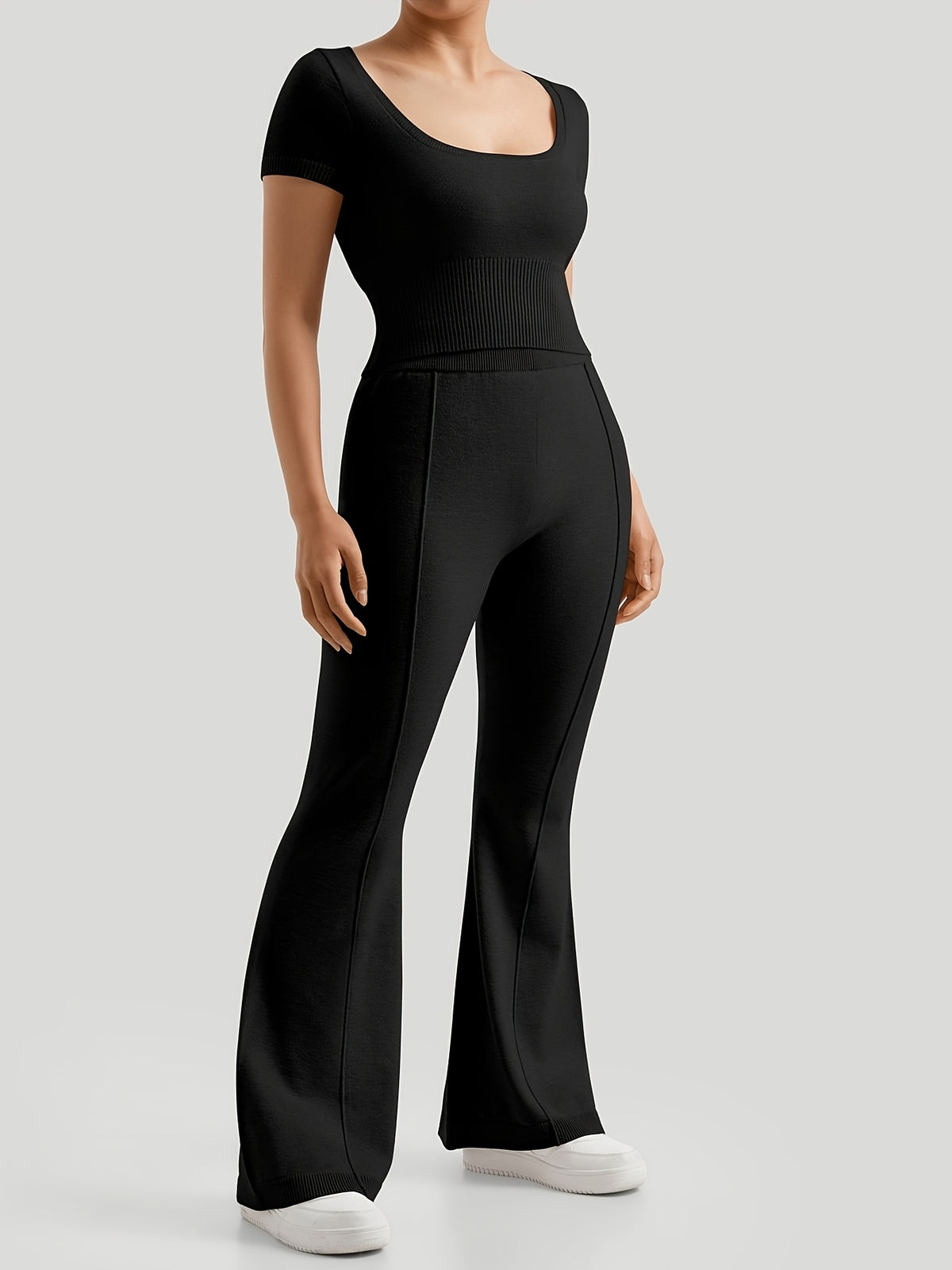 Seamless Square Neck Tee & Wide Leg Set - Black