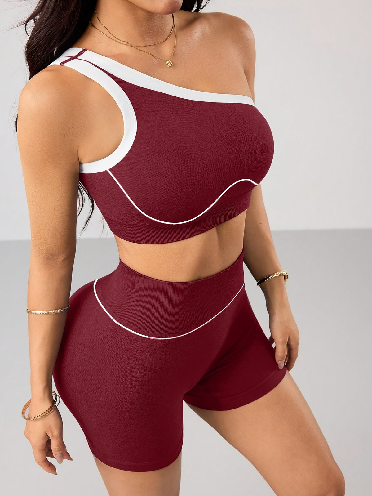 One Shoulder Bra & Shorts Set - Burgundy