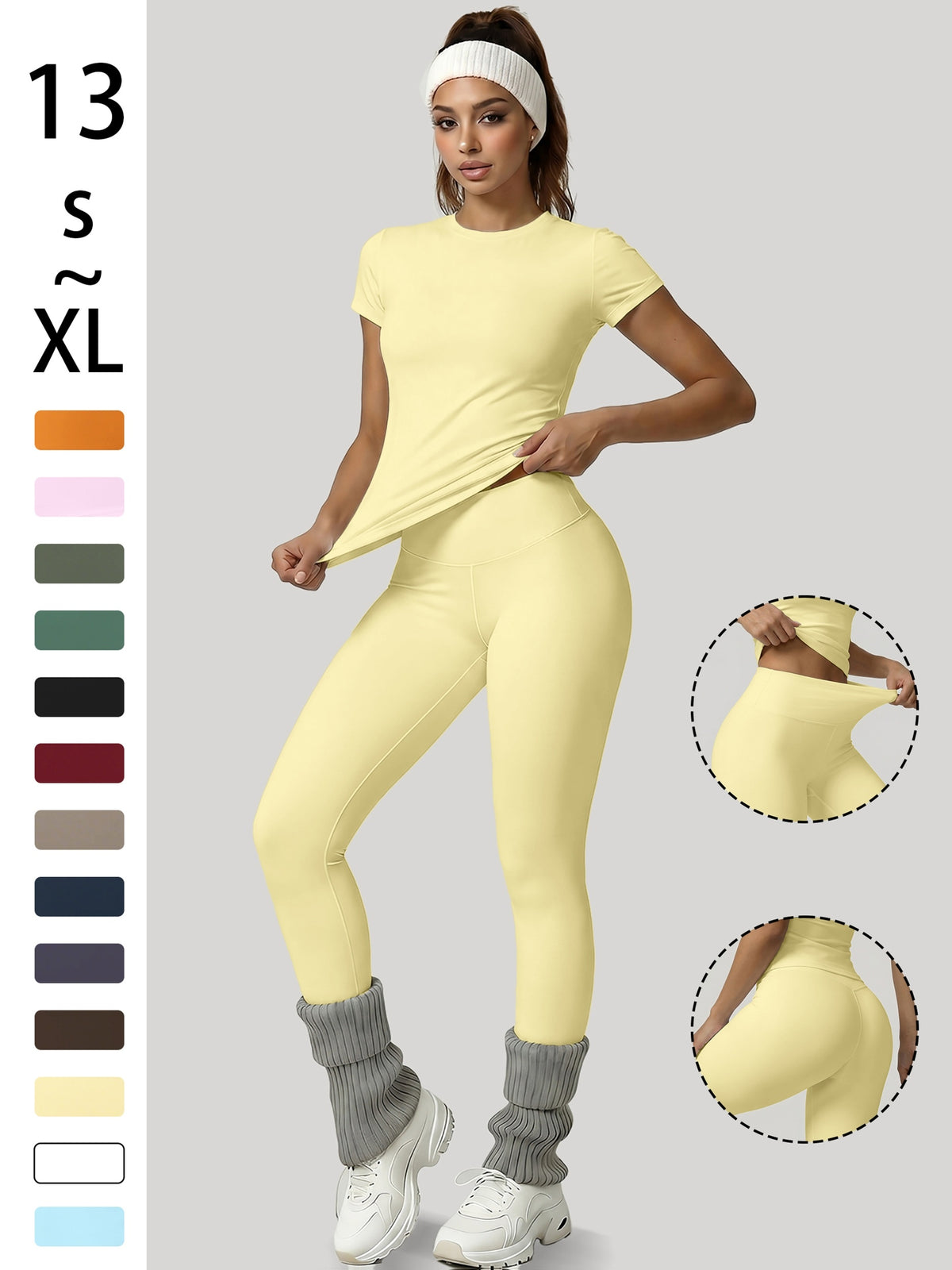 Round Neck Top & Tummy Tuck Leggings Set - Yellow