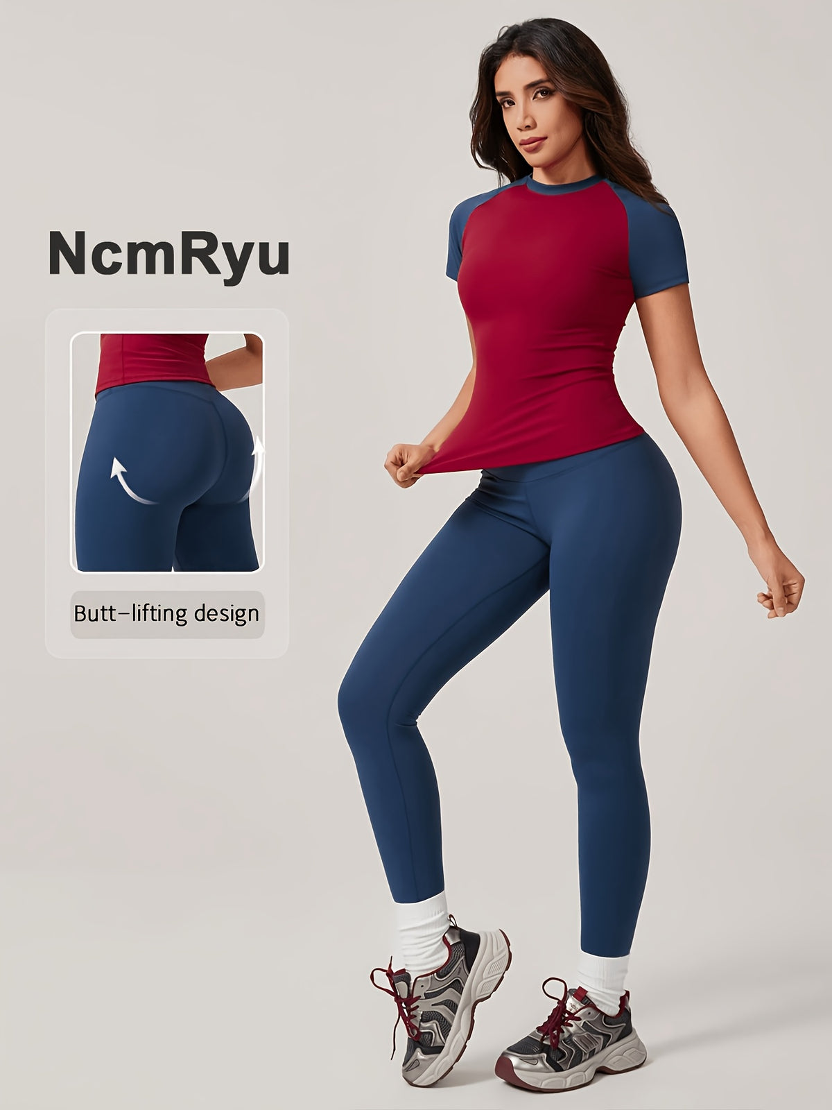 Colour Block Tee & Leggings Set - Red & Navy