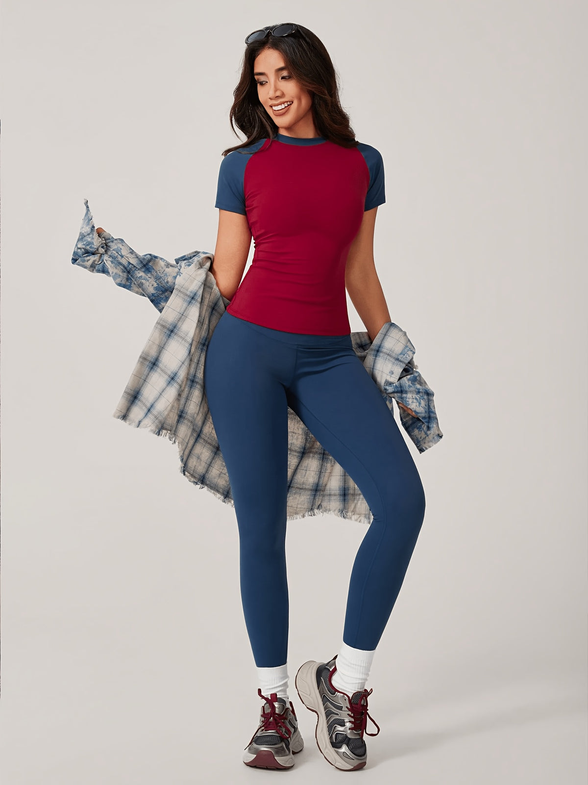 Colour Block Tee & Leggings Set - Red & Navy