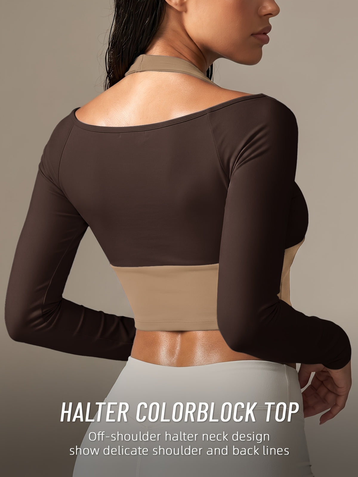 Faux Two-Piece Halter Color Block Top - Coffee
