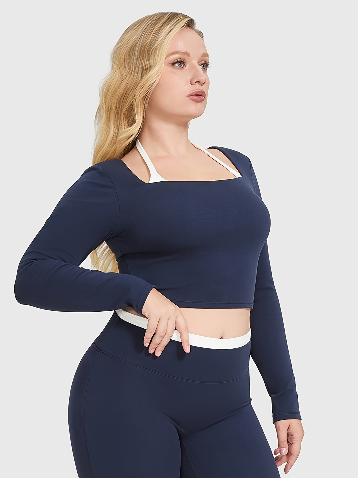 Open Neck Long Sleeve Yoga Top - Navy