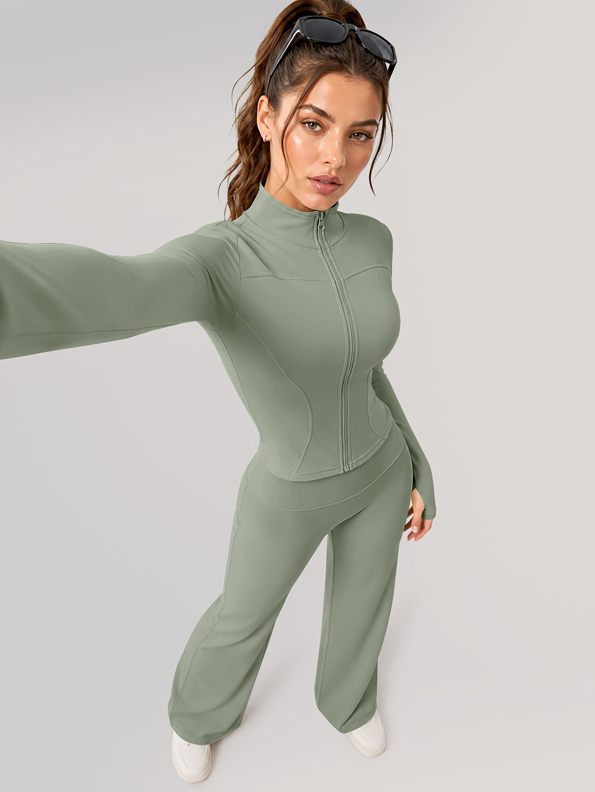 Zip Jacket & Wide Leg Pants Set - Sage Green