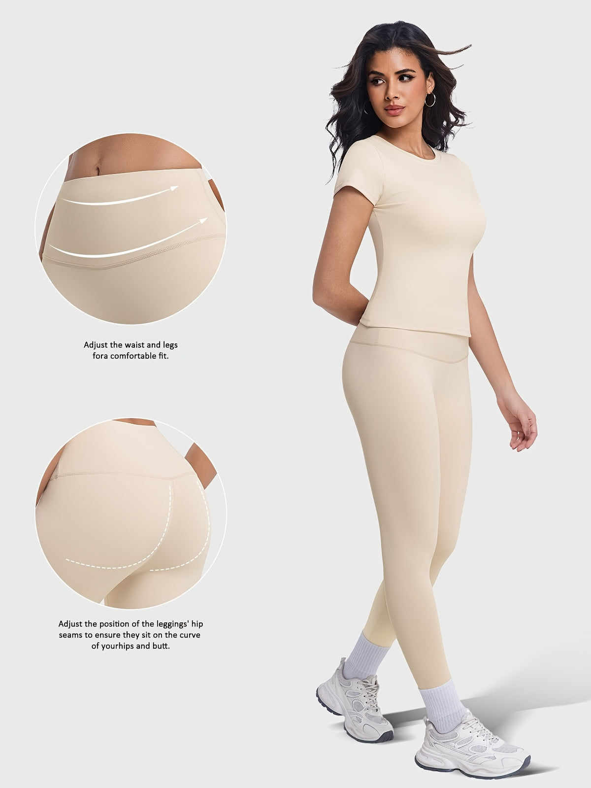Crew Neck Tee & Leggings Set - Beige