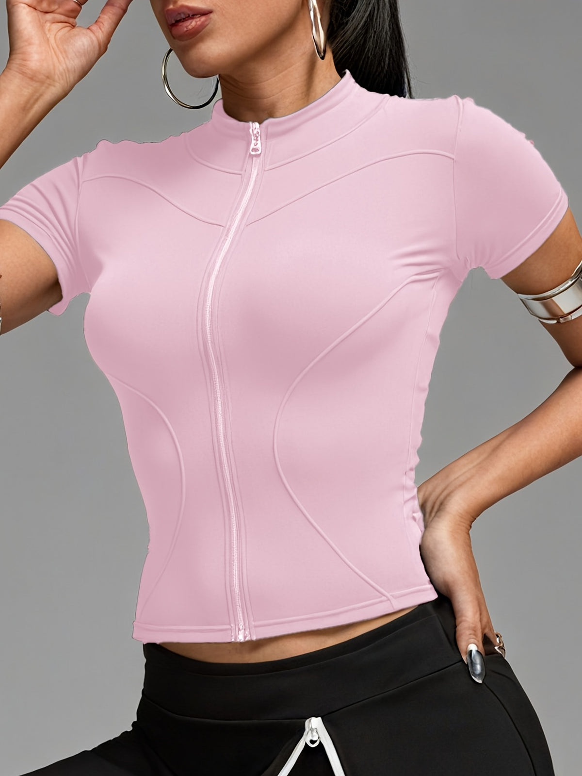 Short Sleeve Cropped Zip Jacket - Pink