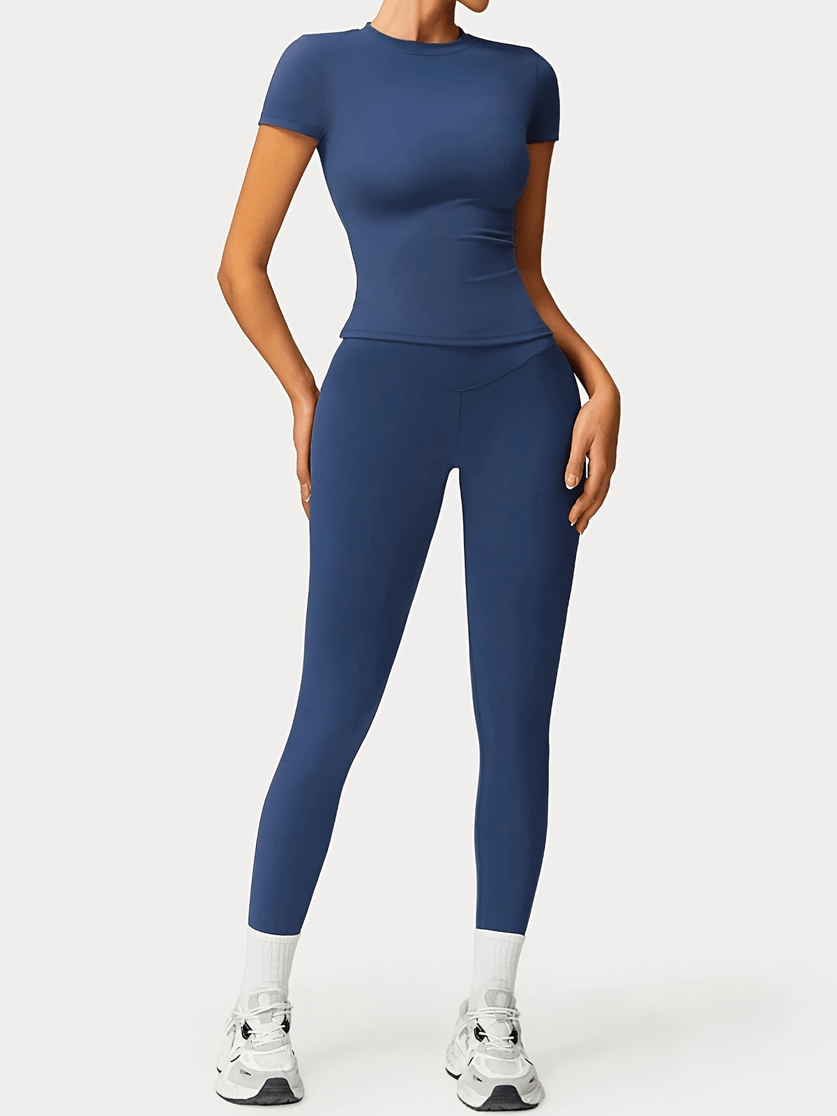 Slim Round Neck Top & Lifting Leggings Set - Navy