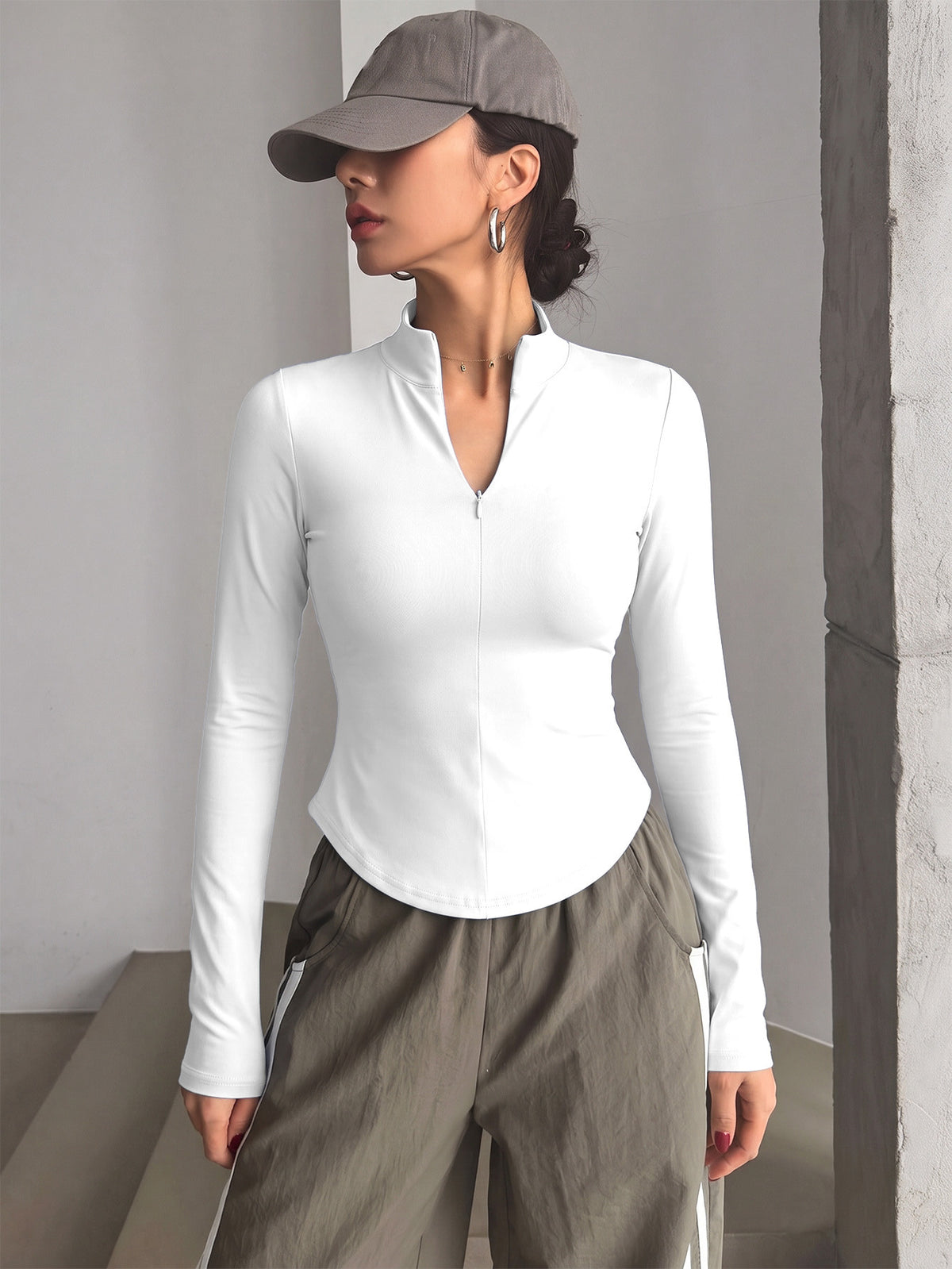 Half Zip Curved Hem Thumbhole Top - White