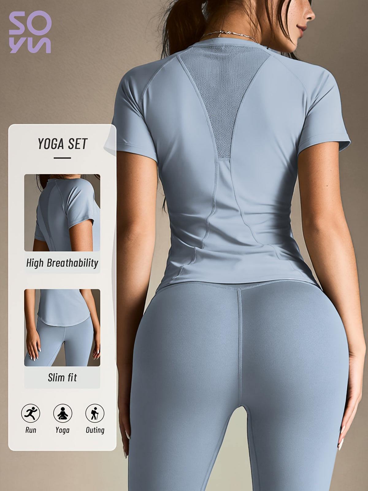 Mesh Cutout Tee & High Waist Leggings Set - Blue