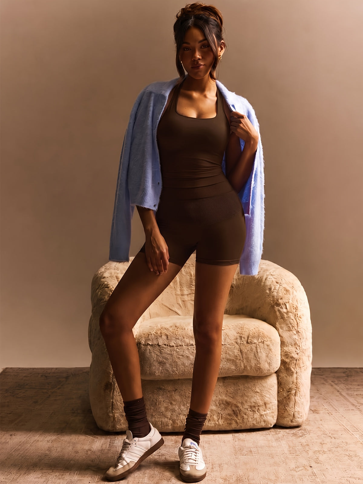 Halter Seamless Tank & Biker Shorts Set - Dark Brown