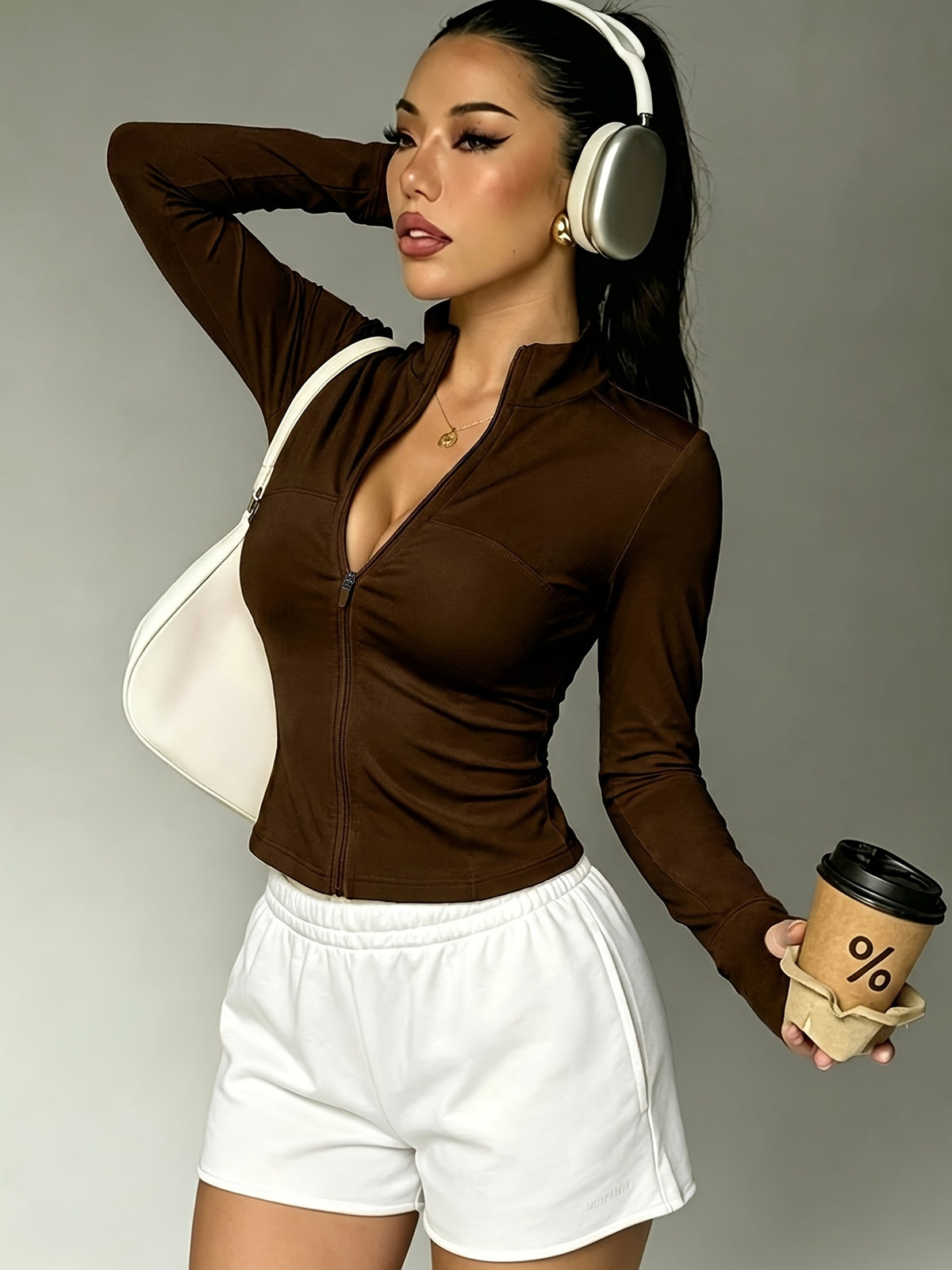 Slim Fit Stand Collar Zip Jacket - Coffee