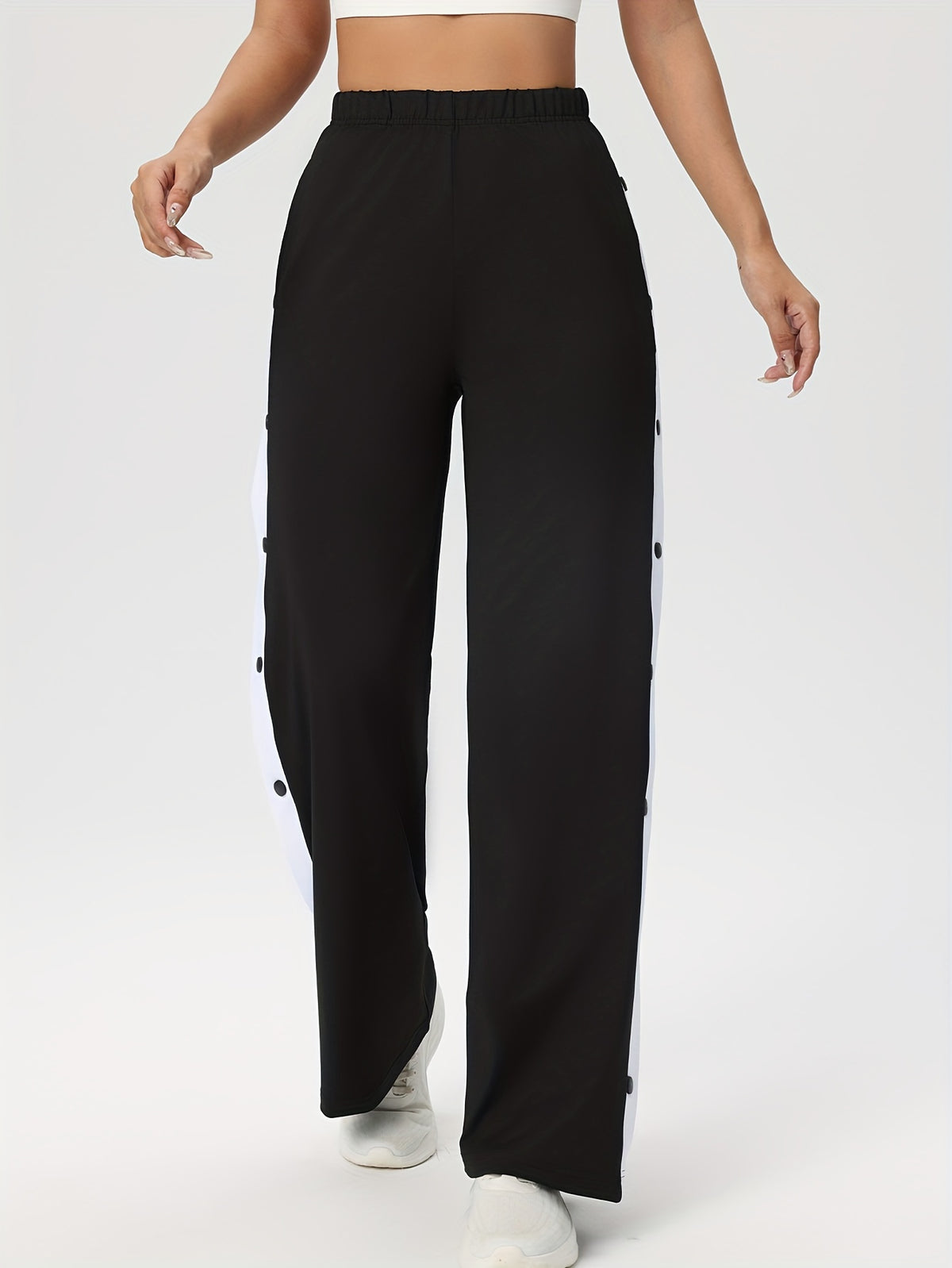 Side Stripe Button Waist Loose Pants - Black
