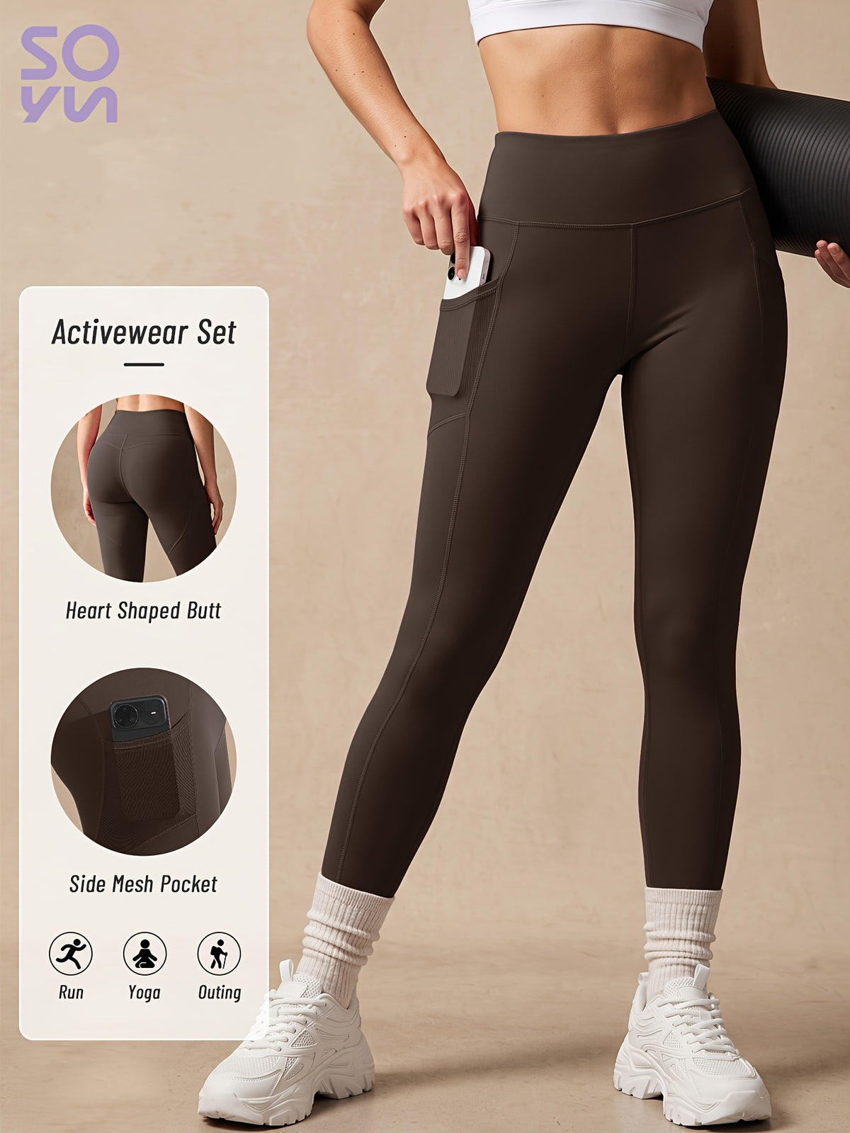 Mesh Side Pocket Lifting Leggings - Coffee