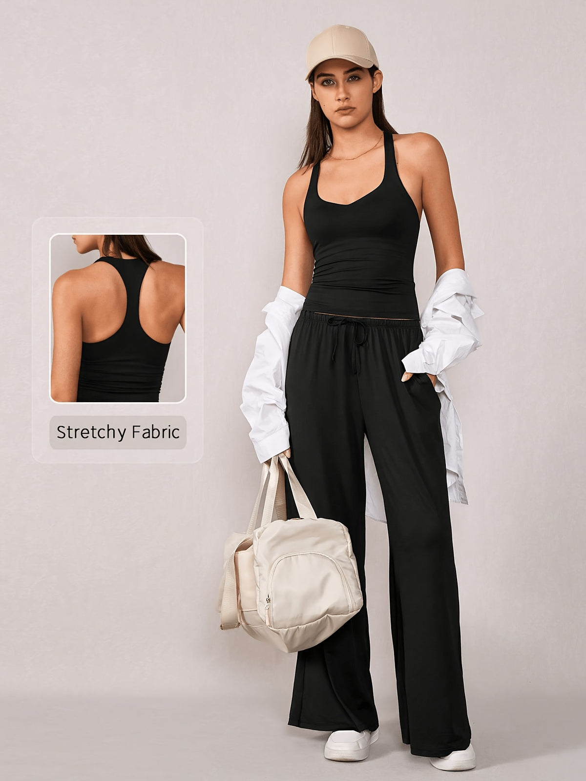 Racerback Tank & Wide Leg Pants Set - Black