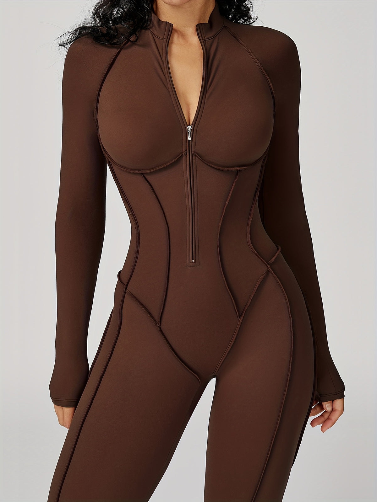 Half Zip Long Sleeve Jumpsuit - Coffee