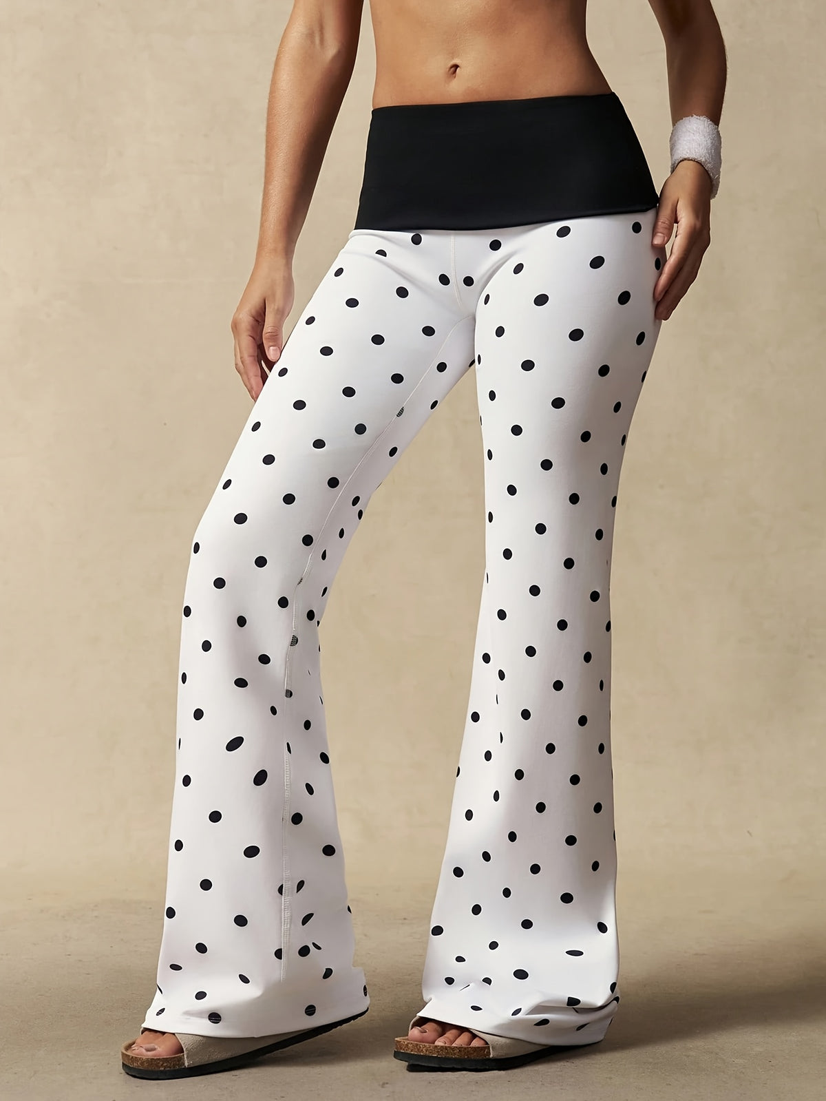 Polka Dot Fold Waist Flare Pants - White