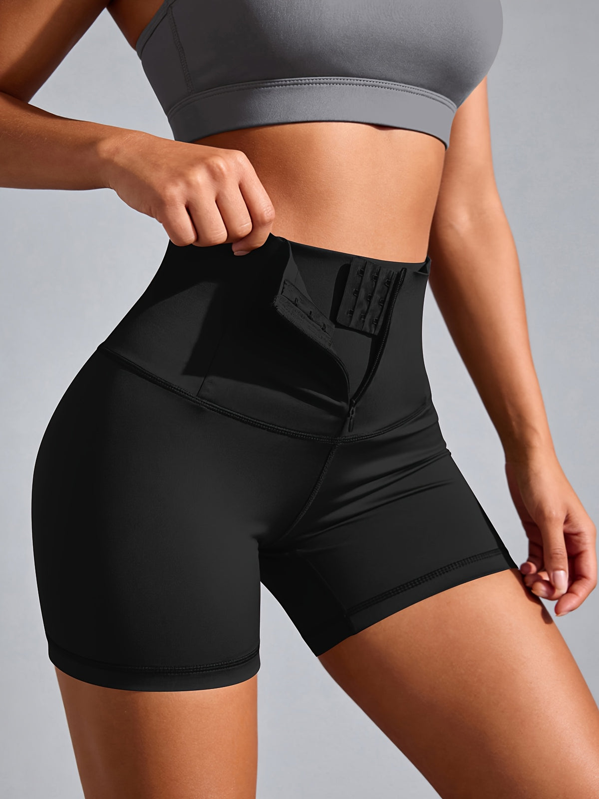 Front Zip Buckle Sculpt Shorts - Black
