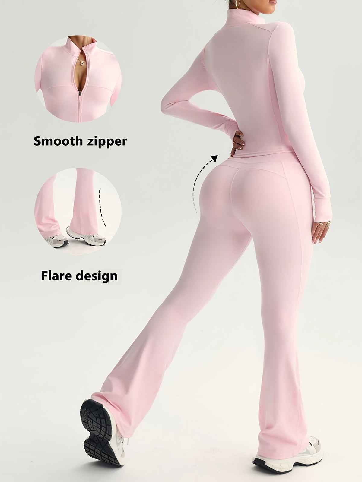 Long Sleeve Zip Flare Jumpsuit - Pink Red