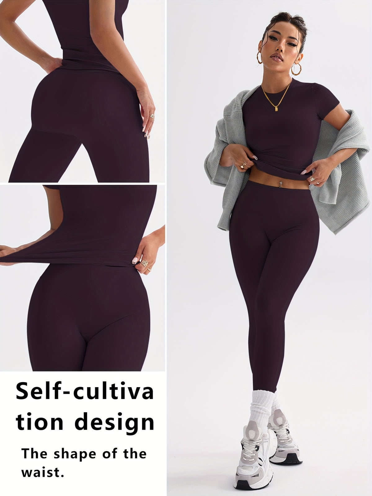 Cropped Tee & Leggings Set - Deep Purple