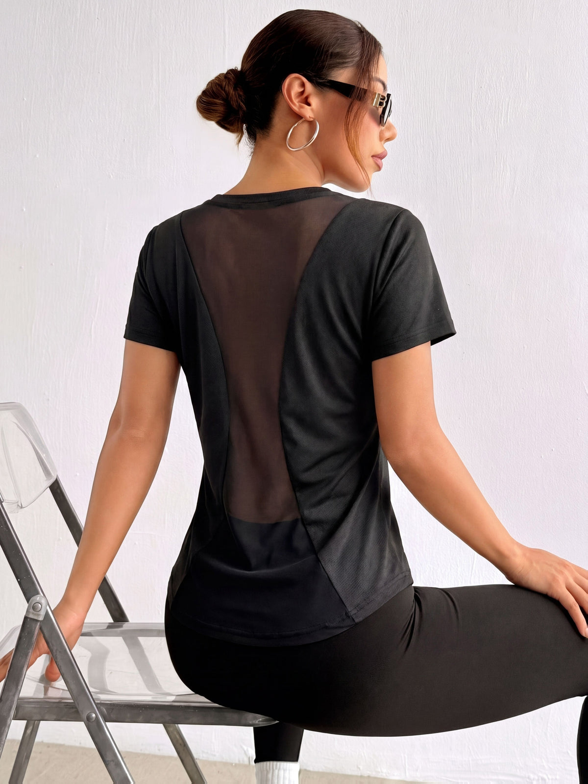 Slim Mid Sleeve Round Neck Tee - Black