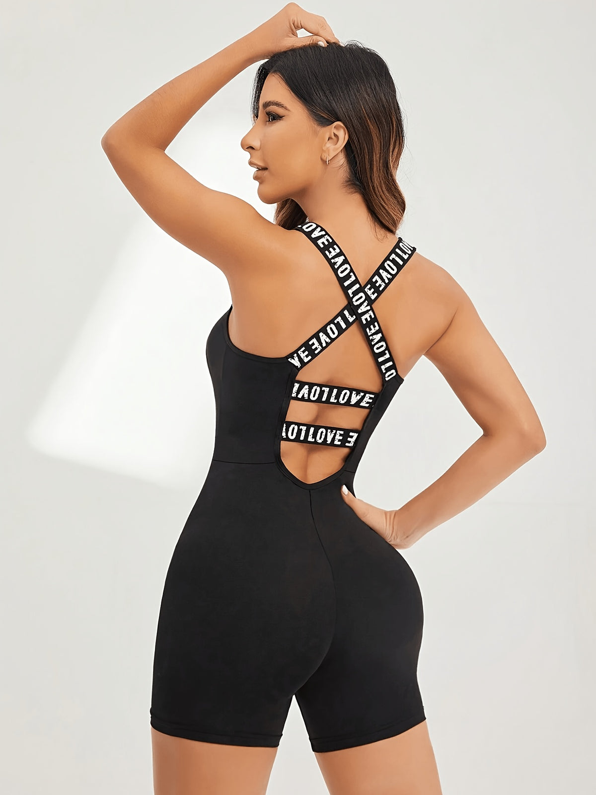 Backless Letter Cross Strap Jumpsuit - Black
