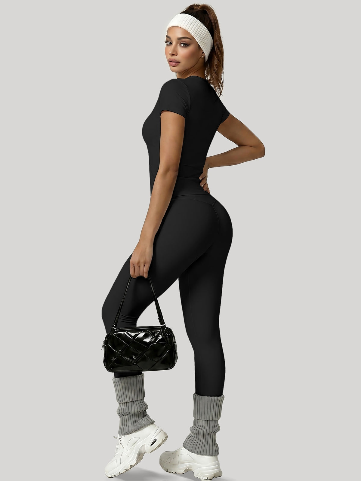 Round Neck Top & Tummy Tuck Leggings Set - Black