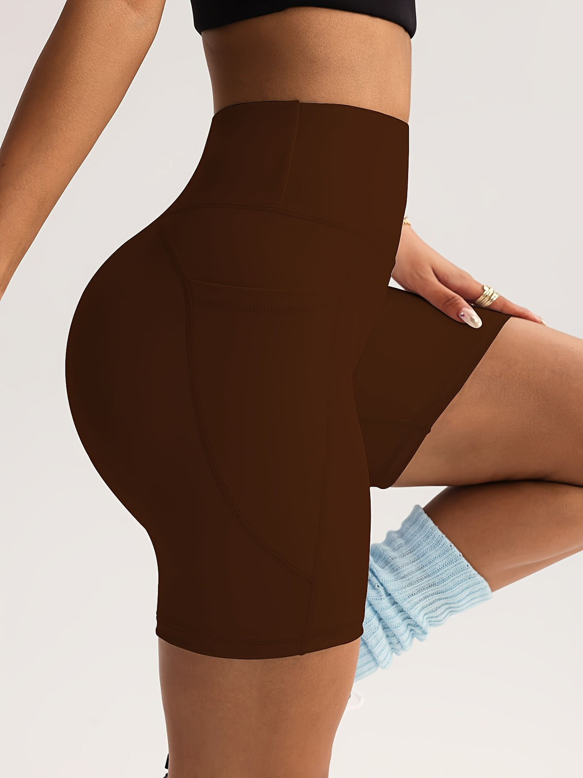 High Waist Pocket Biker Shorts - Coffee