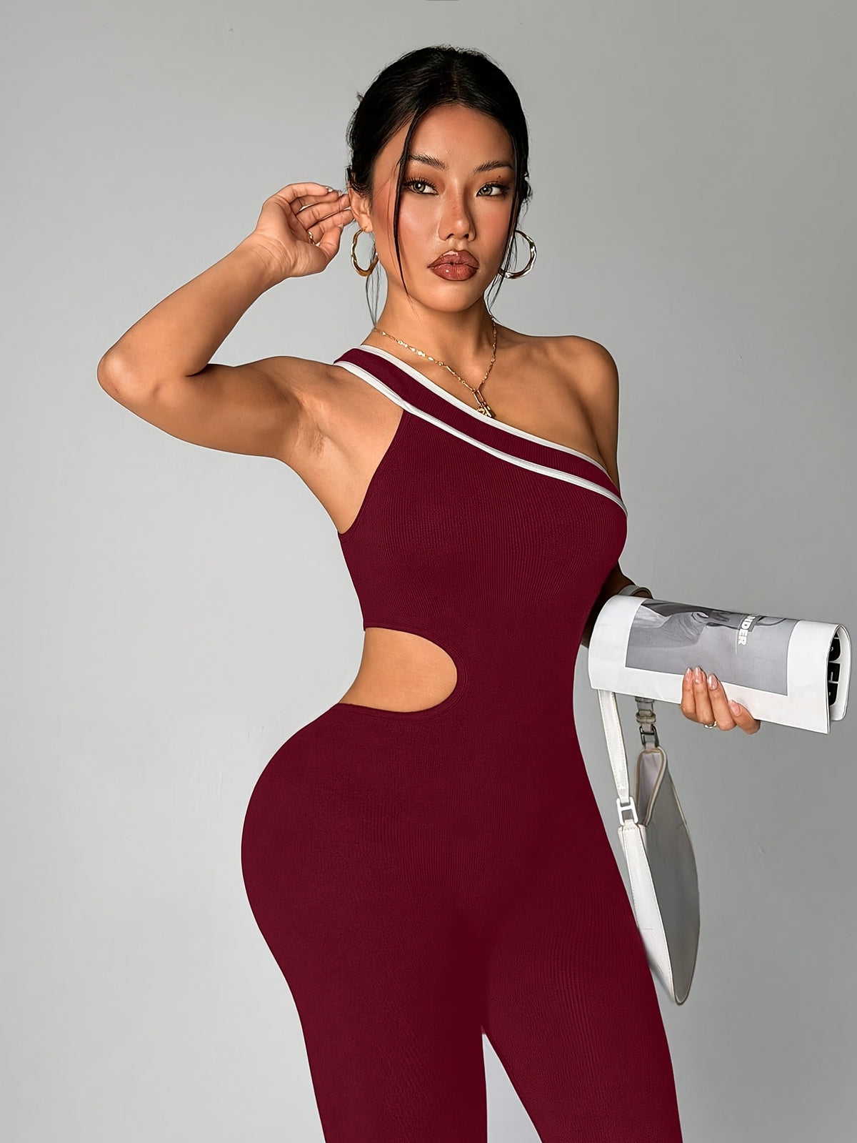 One Shoulder Cutout Jumpsuit - Burgundy