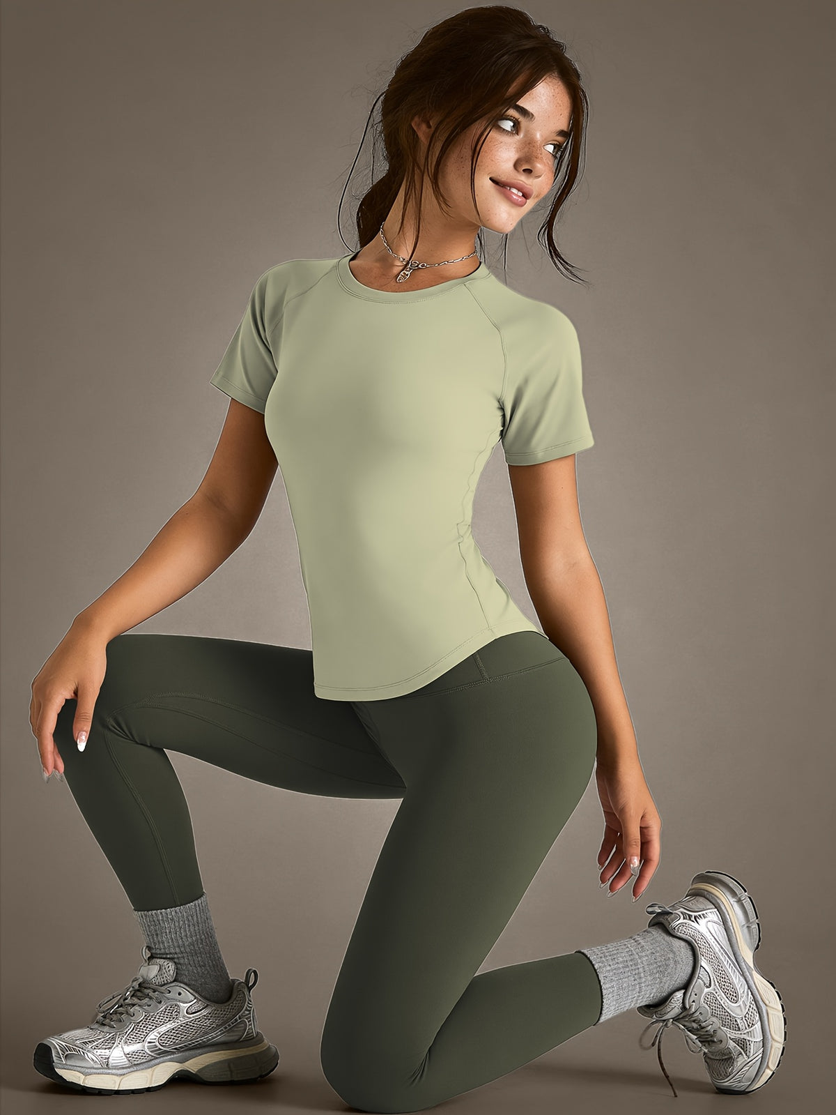 Mesh Cutout Tee & High Waist Leggings Set - Light Green & Olive Green