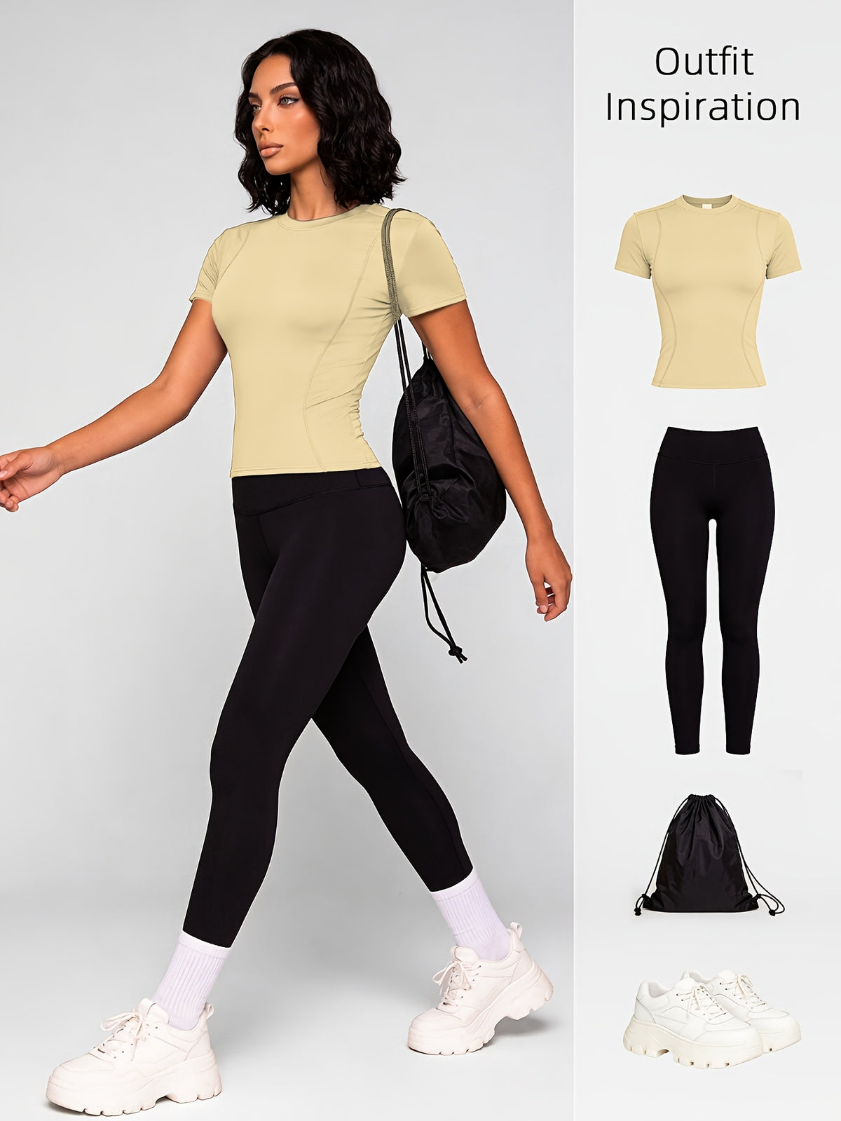 Quick-Dry Round Neck Yoga Tee - Light Yellow