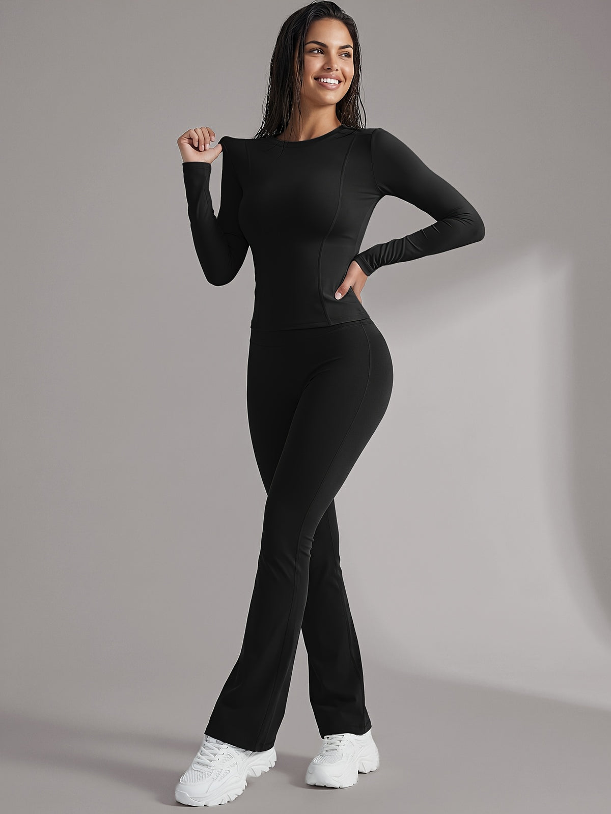 Long Sleeve Tee & Lift Yoga Pants Set - Black