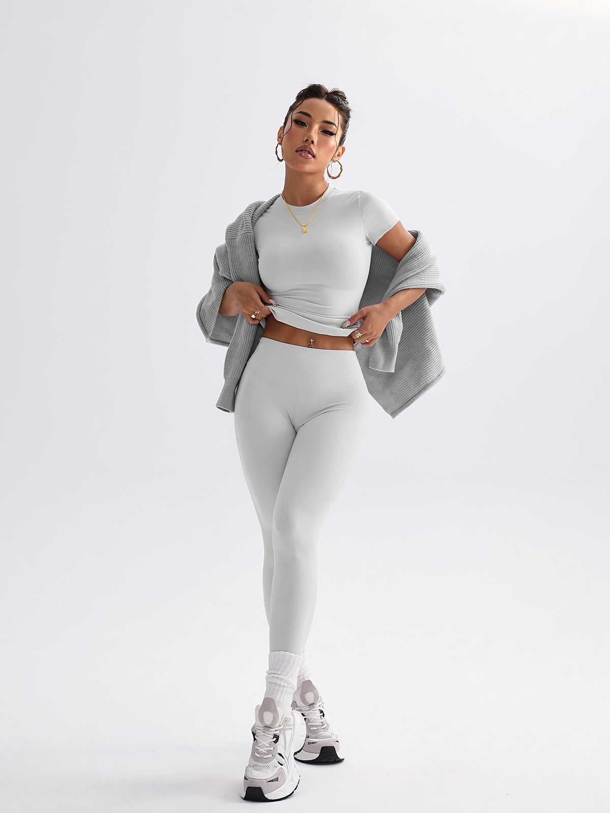 Cropped Tee & Leggings Set - Light Grey