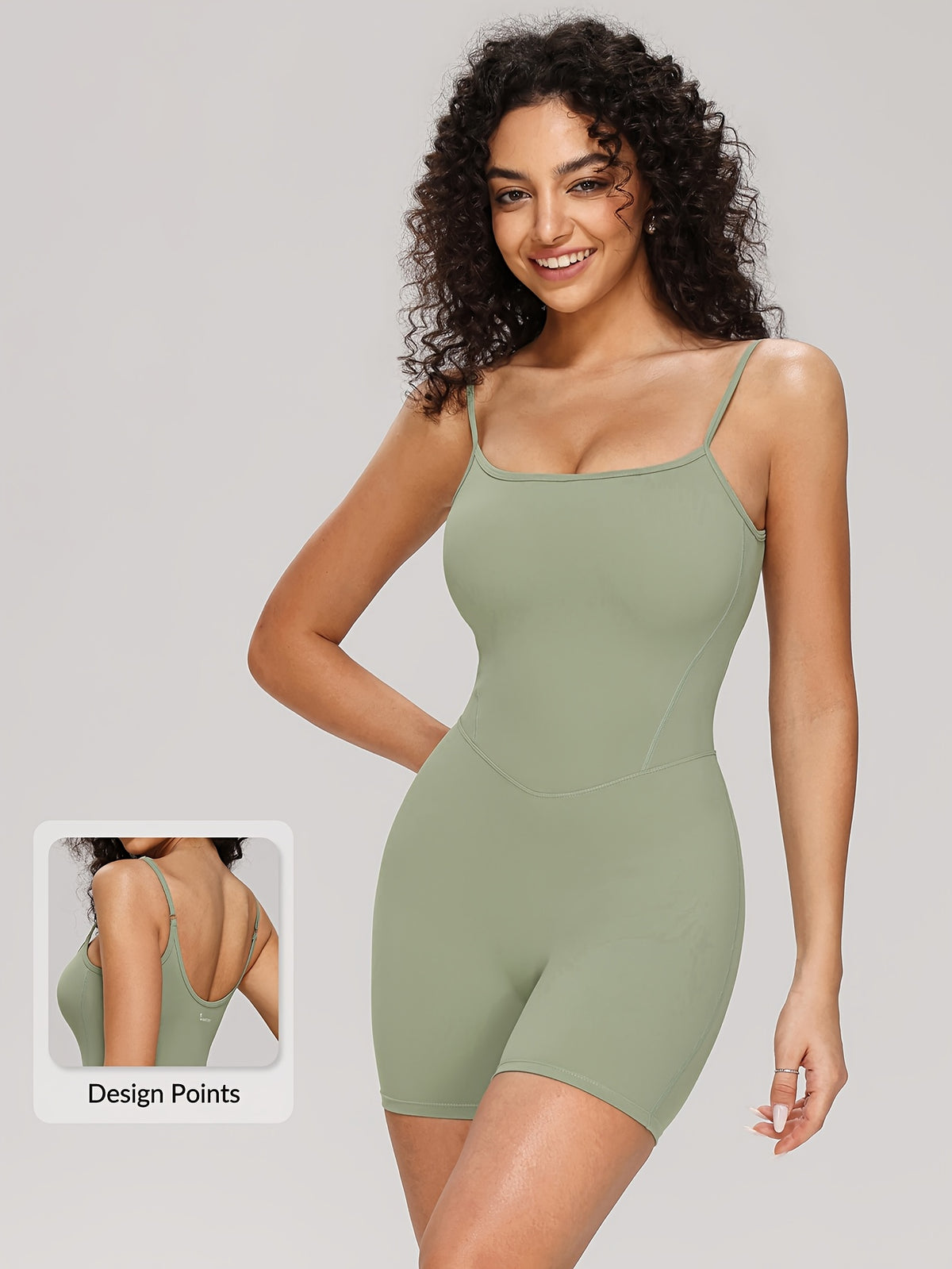 Square Neck Strappy Short Bodysuit - Matcha