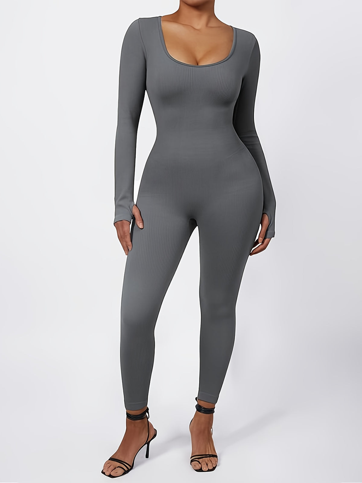 Ribbed Long Sleeve Seamless Jumpsuit - Grey