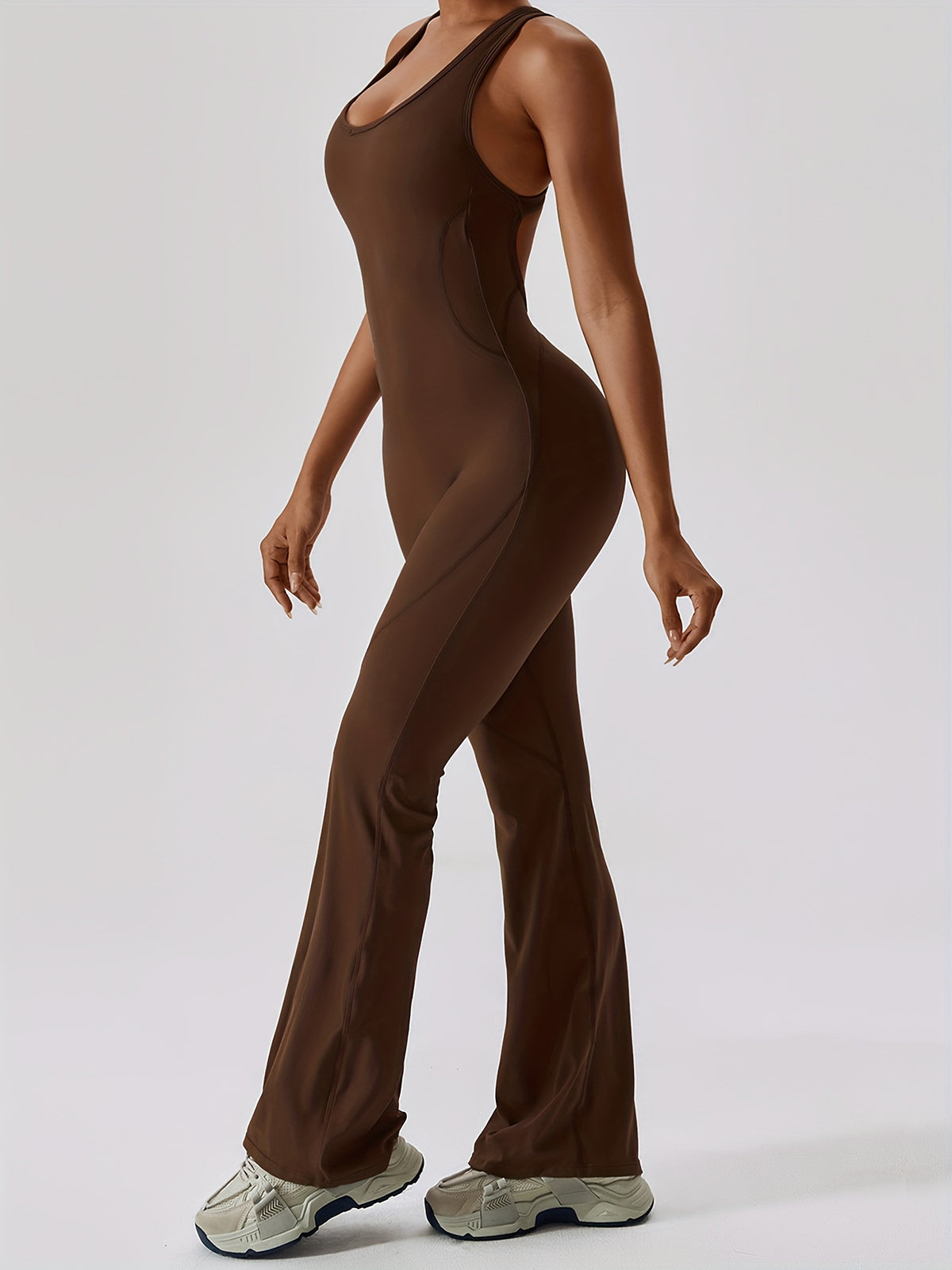 Open Back Padded Flare Jumpsuit - Coffee