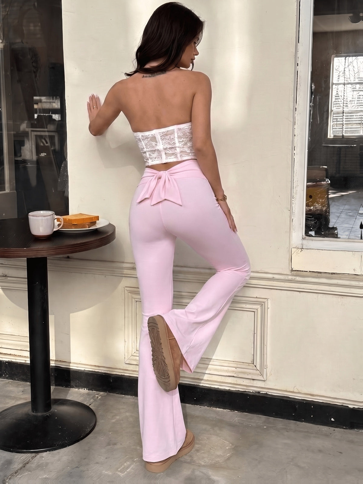Bow Detail Flare Pants - Pink