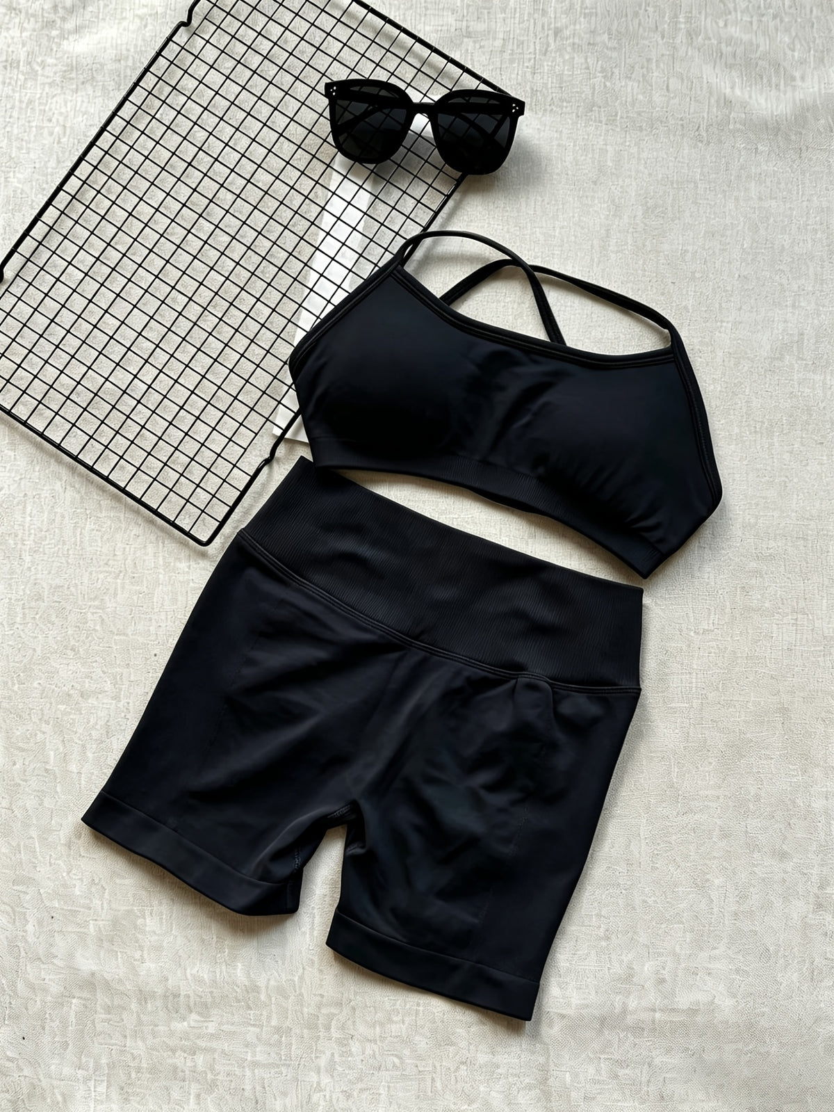Cross Back Seamless Bra & Shorts Set - Black