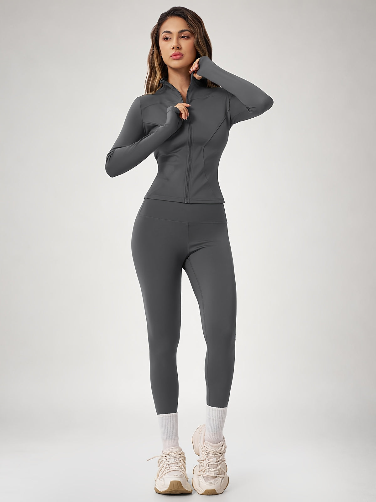 Thumbhole Cropped Zip Jacket & Leggings Set - Grey