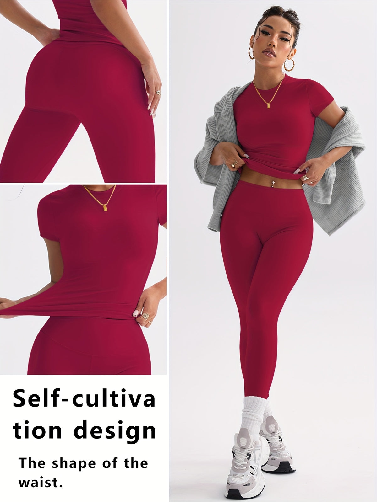Cropped Tee & Leggings Set - Red